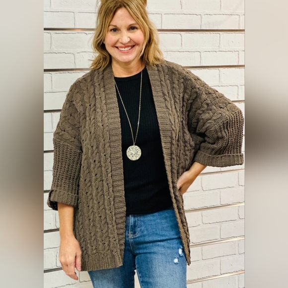 Umgee Cardigan Sweater Women's S/M Brown Chenille Cable Knit Open Front Boho - Picture 8 of 10